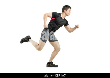 A piena lunghezza Ritratto di un atleta che corre isolati su sfondo bianco Foto Stock