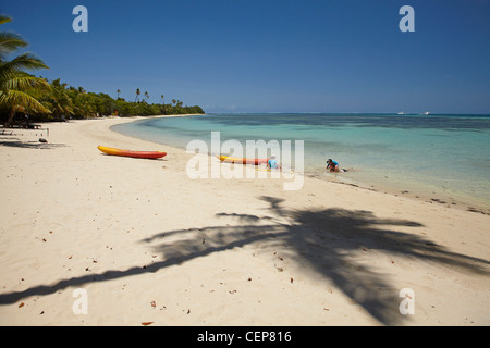 Palm tree ombra e la famiglia giocando sulla spiaggia, Plantation Island Resort, Malolo Lailai Island, Isole della Mamanuca, Isole Figi Foto Stock