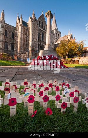 Rochester Cathedral e papavero rosso per rimembranza giorno a Rochester, Kent, Regno Unito Foto Stock