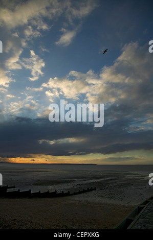 Tramonto sulla spiaggia occidentale in Whitstable. Foto Stock