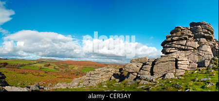 Vista panoramica di rocce Bonehill, un affioramento di granito nel Parco Nazionale di Dartmoor. Foto Stock