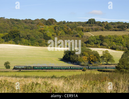 La British Rail 'Battaglia di Gran Bretagna' classe locomotiva a vapore n. 34067 "Tangmere' lavorando un carta di vapore al di sopra del Surrey Hills presso AB Foto Stock