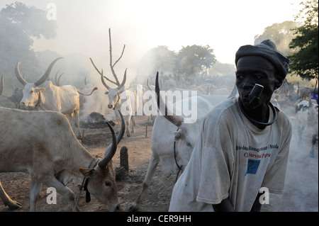 Il SUD SUDAN, Bahr al Ghazal regione dei laghi , membro della tribù Dinka con zebù Vacche Bovini camp vicino a Rumbek Foto Stock