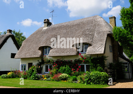 Un grazioso cottage con il tetto di paglia sul villaggio verde a Barrington. Foto Stock
