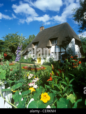 Cottage con il tetto di paglia con white Picket Fence. Foto Stock
