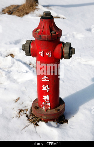 Rosso coreano idrante di fuoco nella neve a DMZ De-militarized zone del sud corea del nord al confine Imjingak, Corea del Sud Foto Stock