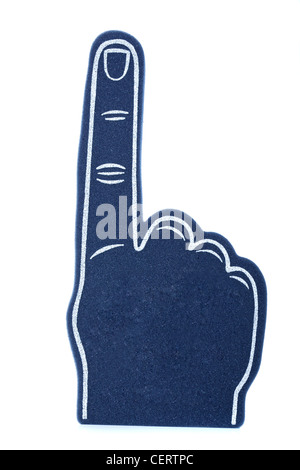 Una schiuma di colore blu il dito puntato su uno sfondo bianco Foto Stock