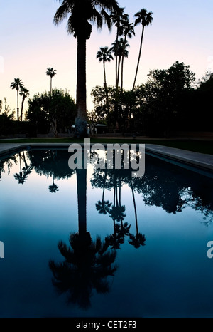 Palm Desert California sunrise con palme riflettendo in un pool Foto Stock