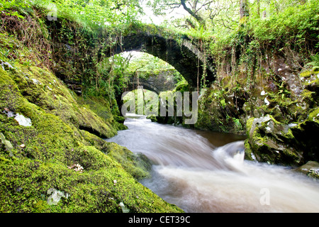 Il ponte romano sul fiume Machno a Penmachno vicino a Betws-y-Coed nel Parco Nazionale di Snowdonia. Foto Stock