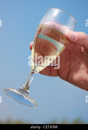 Bicchiere di champagne nel cielo blu a Goodwood. Foto Stock