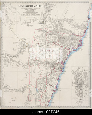 Xix secolo mappa del Nuovo Galles del Sud e Sydney, Australia, datata 1853 Foto Stock