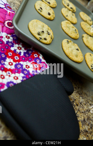 I cookie su una teglia da forno con forno mitten nelle vicinanze Foto Stock