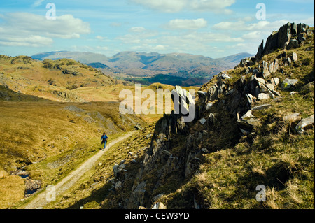 Walker su Yewdale Fells vicino a Coniston nel distretto del lago con Helvellyn e Fairfield sullo skyline Foto Stock