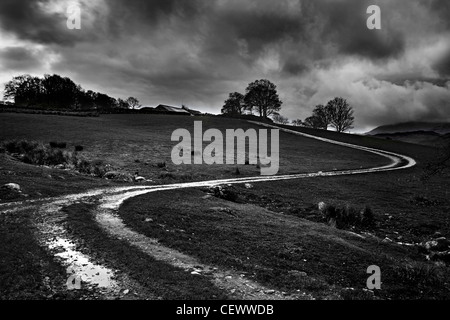 Fattoria di movimento serpeggiante via vicino a Coniston nel Lake District inglese. Donald Campbell si è rotto il mondo acqua record di velocità sul Coniston Wa Foto Stock