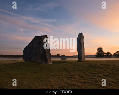 Parte di Avebury Stone Circle, uno dei più grandi d'Europa pietra preistorici cerchi, all'alba. Foto Stock