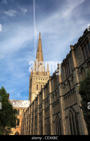 Vista estiva di Norwich Cathedral e Norwich City, Norfolk, Inghilterra, Regno Unito Foto Stock