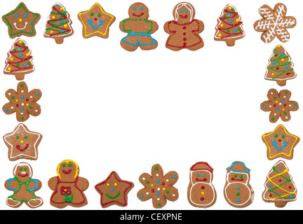 Telaio di coloratissimi gingerbread cookie sul bianco, spazio copia in medio Foto Stock