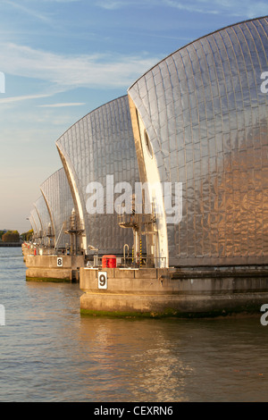 Una vista della Thames Barrier al tramonto Foto Stock