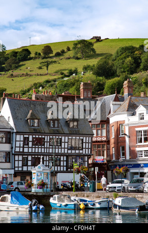 Vista su Dartmouth Marina di Darmouth town e i campi sopra riportati, Devon, Inghilterra. Foto Stock