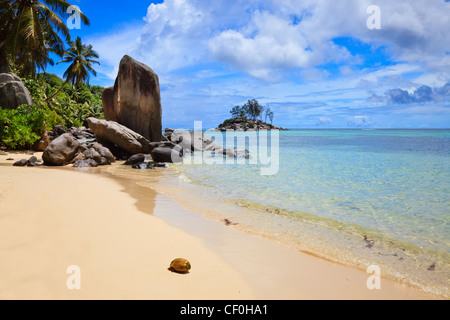 Anse Royale Bay con una vista a Ile Souris Island, Sud Seychelles, Isola di Mahe. Oceano indiano Foto Stock