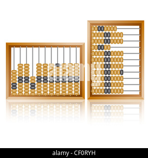 Abacus contabile per i calcoli finanziari giace su un fondo bianco Foto Stock
