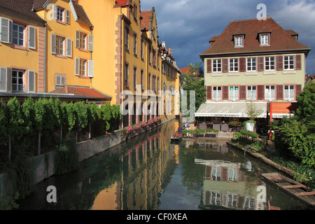 Persiane colorate su edifici Colmar città capitale del vino Alsaziano area produttrice, Alsazia, Francia, Europa Foto Stock