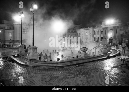 Le ore notturne presso i bagni termali all'aperto, Budapest, Ungheria Foto Stock