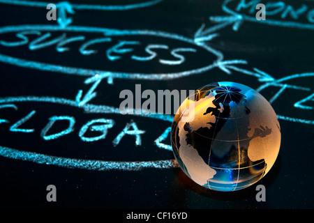 Diagramma di flusso su una scheda di gesso con globo mondo mostra America Foto Stock