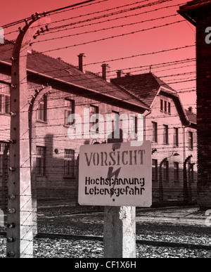 Recinto elettrico segno nel campo di concentramento di Auschwitz, dove fino a tre milioni di persone sono state assassinate dai nazisti. Foto Stock