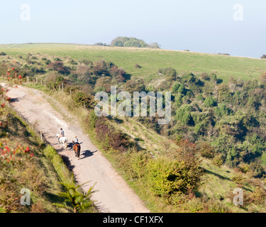 Due donne Equitazione su cavalli lungo una corsia nel South Downs, East Sussex nelle vicinanze del Lewes Foto Stock