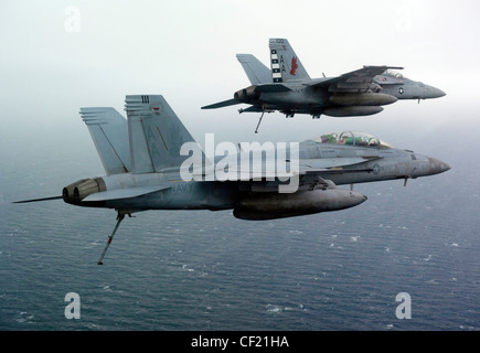 GOLFO ARABO (febbraio 25, 2012) un F/A-18F Super Hornet volato dal Lt. j.g. Christopher Montague e CMdR. Fernando Garcia, a sinistra, e un F/A-18F Super Hornet volato dal Lt. CMdR. Warren Tomlinson e il Lt. j.g. Josh Raymond, a destra, tutti assegnati a Strike Fighter Squadron (VFA) 22, inserire il modello di atterraggio sulla portaerei di classe Nimitz USS Carl Vinson (CVN 70). Carl Vinson e Carrier Air Wing (CVW) 17 sono distribuiti nell'area di responsabilità della 5a flotta statunitense. Foto Stock