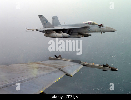 GOLFO ARABO (febbraio 25, 2012) un F/A-18E Super Hornet assegnato a Strike Fighter Squadron (VFA) 81, volato da CMdR. Michael River si forma per ricevere il carburante da un F/A-18F Super Hornet assegnato a VFA-22 e volato dal Lt. Michael Loringer durante una missione volata dalla compagnia aerea di classe Nimitz USS Carl Vinson (CVN 70). Carl Vinson e Carrier Air Wing (CVW) 17 sono distribuiti nell'area di responsabilità della 5a flotta statunitense. Foto Stock
