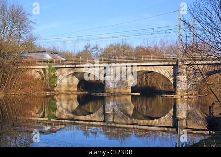 Francia, TGV attraversando Luxé viadotto sopra R. Charente Foto Stock