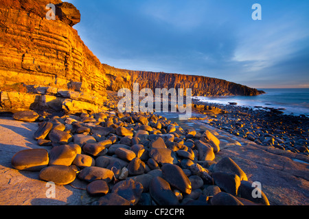 Alba la luce illumina il litorale roccioso del punto Cullernose, nei pressi del villaggio di Craster sul patrimonio di Northumberland Coast Foto Stock