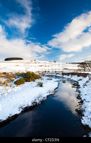 Tipico scenario di Northumberland vicino al villaggio di Otterburn, trasformato dopo una nevicata invernale. Foto Stock