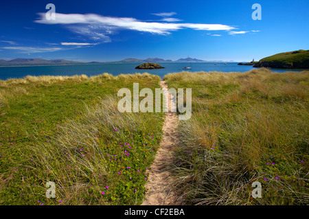 Il percorso che conduce alla spiaggia sulla isola di Llanddwyn con montagne di Snowdonia in distanza. Foto Stock