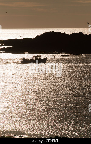 Una piccola barca da pesca avvicinando l'ingresso al porto di pesca al Berwickshire città costiera di Banbury. Foto Stock