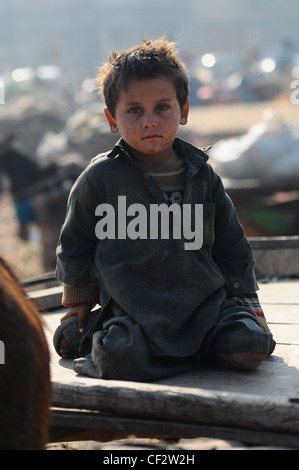 Un piccolo ragazzo lavora nell'subzi mandi (mercato ortofrutticolo) a Islamabad, Pakistan Foto Stock