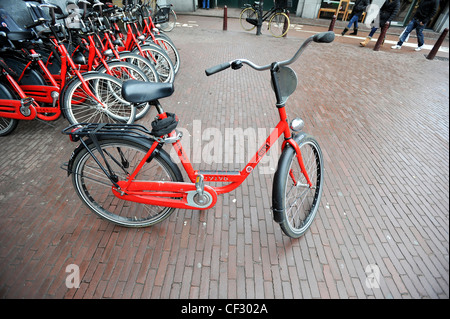 Un tipico rosso biciclette a noleggio al di fuori di un negozio a Amsterdam, Paesi Bassi. Foto Stock