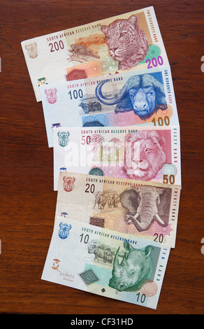 South African banconote varie denominazioni da 10 a 200 note di rand ZAR rands carta moneta Africa meridionale Foto Stock