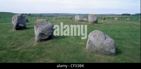 Cerchio di pietra in terreni agricoli paesaggio di massi di granito antico Torhouse Torhousekie Età del Bronzo pietre permanente Wigtown Dumfries Galloway Scotland Regno Unito Foto Stock