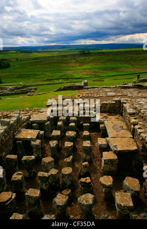 I resti del comandante's house (pretorio) a Housesteads Roman Fort, il più completo di Roman Fort in Gran Bretagna su Adriano Foto Stock