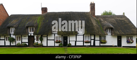 La parte anteriore delle tradizionali cottage con il tetto di paglia nel villaggio di Lower Quinton. Foto Stock