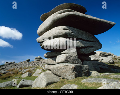Il Cheesewring e altro meteo-scolpita e di roccia di granito-pile sulla collina Stowes su Bodmin Moor. Foto Stock