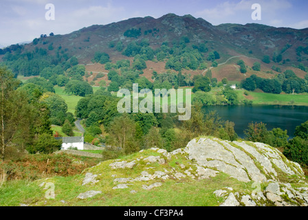 Due tradizionali bianco delle case situate intorno Loughrigg Tarn. Foto Stock