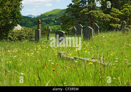 Lapidi del cimitero di San Michele e Tutti gli Angeli' chiesa in Hawkshead. Foto Stock