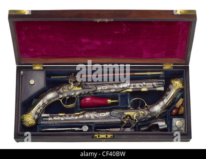 Il generale argentino Manuel Belgrano's 16 Bore Flintlock Pistols di Tatham & Egg di Londra, circa 1814. Foto Stock