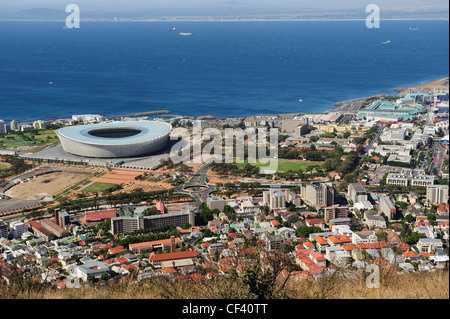 Green Point Stadium e sobborghi occidentali di Città del Capo da Signal Hill, Western Cape, Sud Africa Foto Stock