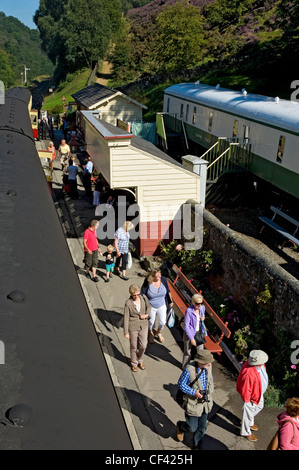 I passeggeri di sbarco da un treno a Goathland stazione ferroviaria sulla North Yorkshire Moors Railway. Foto Stock