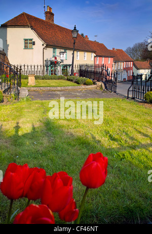 Tulipani rossi e una fila di case nel villaggio di Thaxted. Foto Stock